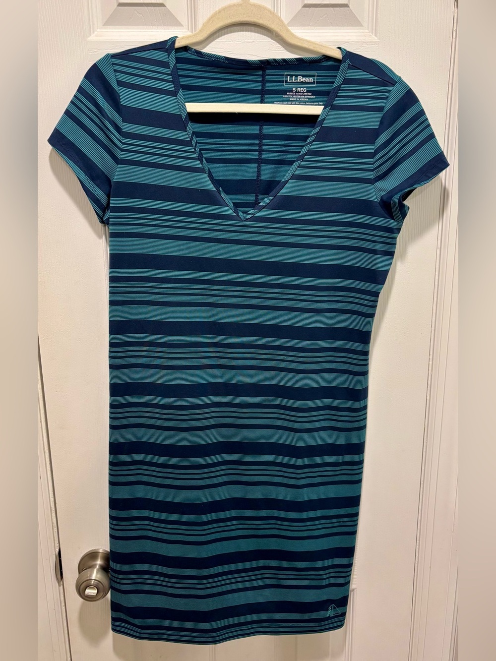 L.L.Bean Striped V-Neck Knit Dress in Teal & Navy Small